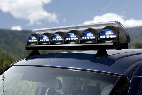 Blue light bar mounted on a vehicle against a scenic mountain backdrop during daytime hours