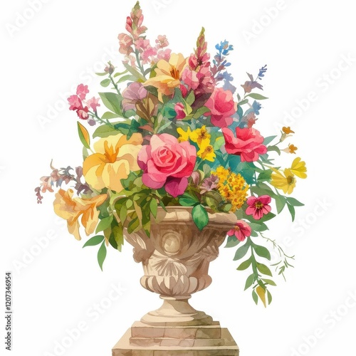 Wallpaper Mural Vibrant Spring Floral Arrangement in Ornate Stone Urn Watercolor Style Torontodigital.ca