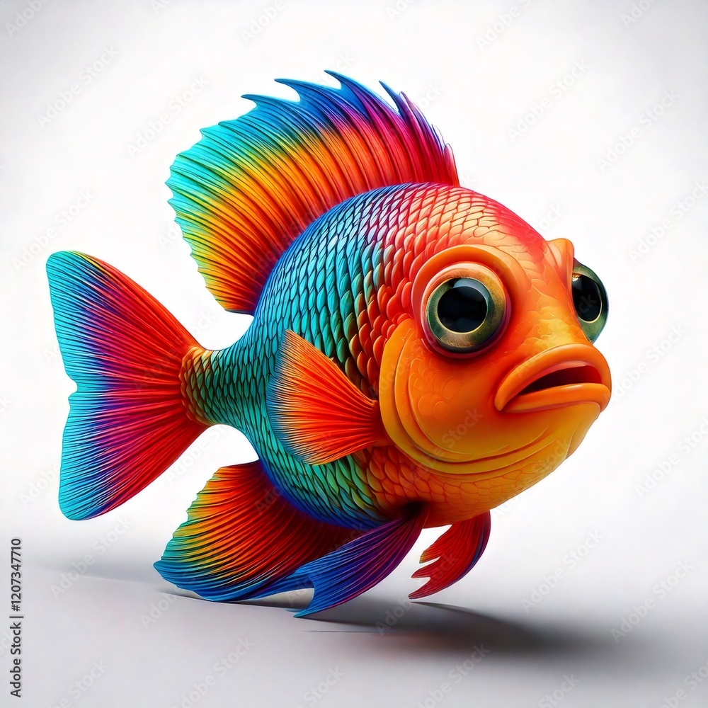 Fototapeta premium Colorful cartoon fish swimming with big eyes and open mouth