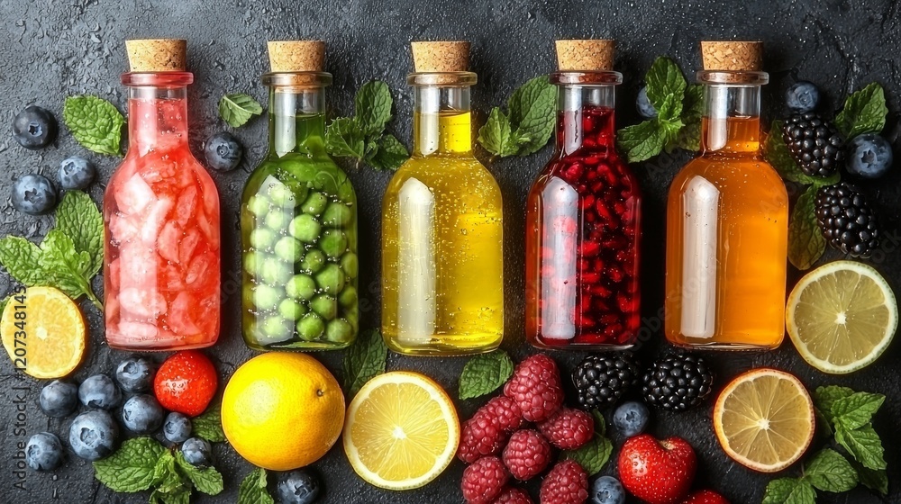 Colorful Bottles of Fresh Juices with Fruits Colorful Bottles of Fresh Juices with Fruits