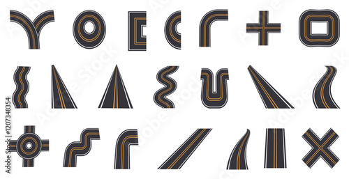 Street road on top view collection. Set of street road on top view. Cartoon road collection. City road and highway top view, elements for map