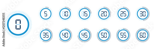 Countdown score timer circles with numbers in blue