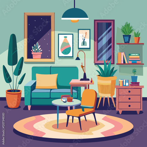 Beautiful apartment. Vector illustration Interior of a studio apartment, hotel room or living room with a dining table, chairs, armchair, sofa, paintings, chest of drawers, potted plants and lamps photo