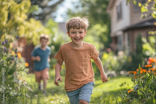 Kids enjoy a fun family treasure hunt in a sunny garden filled with blooming flowers