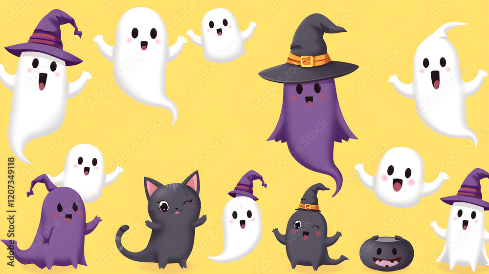 3d illustrated cute halloween ghosts set isolated on yellow background. Including, ghosts with and without witch hats and kitty ghosts with and without witch hats. Generative AI 3d illustrated cute halloween ghosts set isolated on yellow background. Including, ghosts with and without witch hats and kitty ghosts with and without witch hats. Generative AI