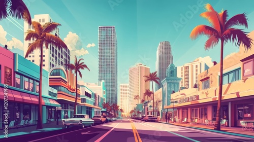 Street in Miami with buildings, hotels, road and palm trees. Vector cartoon tropical landscape with buildings in resort city. Summer cityscape with vintage motel, restaurant and modern skyscrapers