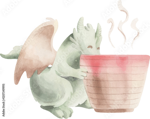 Watercolor cartoon dragon with cup with of tea.