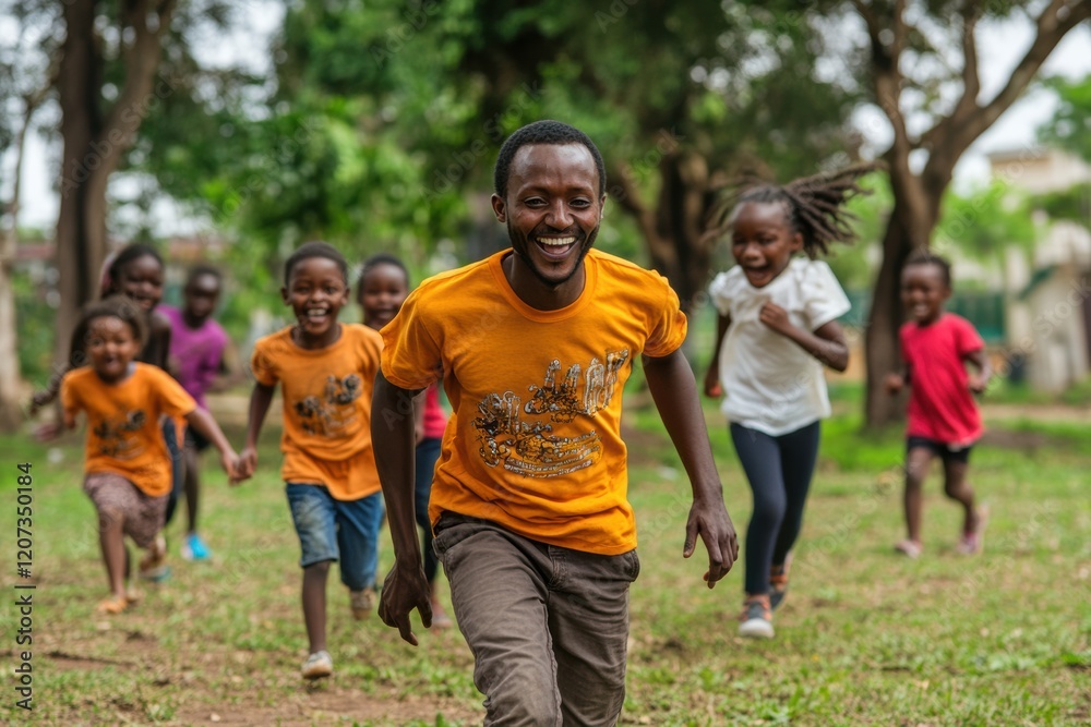 Fototapeta premium Children joyfully playing tag in a grassy park during a sunny afternoon