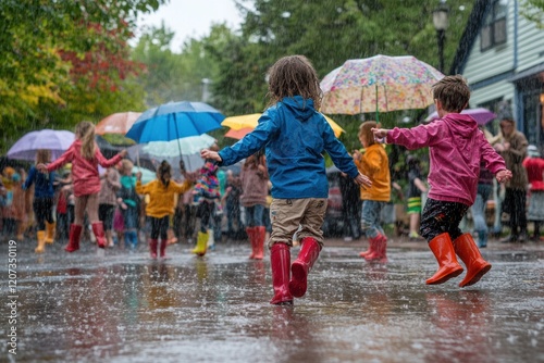 Kids joyfully dance in the rain while holding colorful umbrellas in a lively outdoor setting