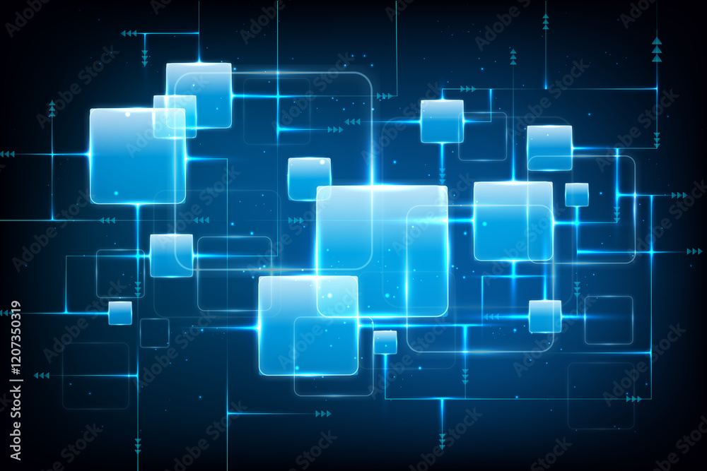 Floating glowing blocks connected by lines, representing advanced digital systems, data flow, and technological frameworks. Concept of business, innovations, advanced technologies, digital art Floating glowing blocks connected by lines, representing advanced digital systems, data flow, and technological frameworks. Concept of business, innovations, advanced technologies, digital art