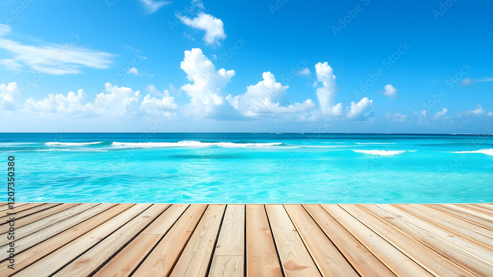 Fototapeta premium A serene beach scene with a wooden pier extending into the crystal-clear turquoise water. The sky is a brilliant blue dotted with fluffy white clouds.
