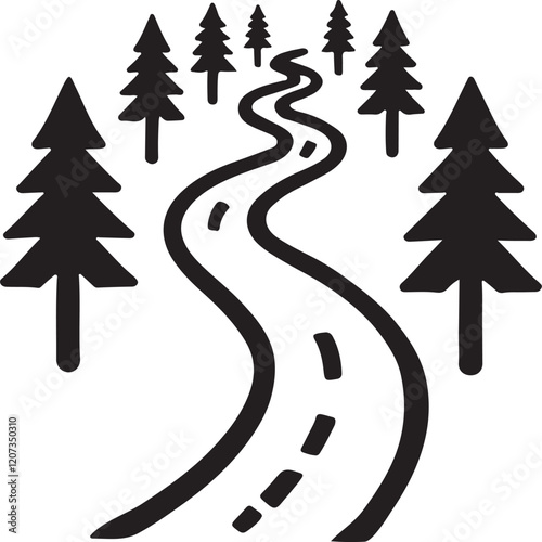 Silhouette vector of a forest trail, ideal for nature-inspired designs, outdoor adventure themes, hiking concepts, eco-tourism, and scenic landscape branding.