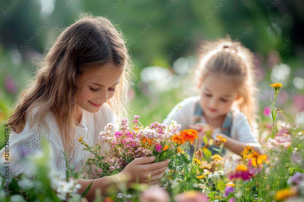 Children collect and press colorful wildflowers in a sunny outdoor field during summer Children collect and press colorful wildflowers in a sunny outdoor field during summer