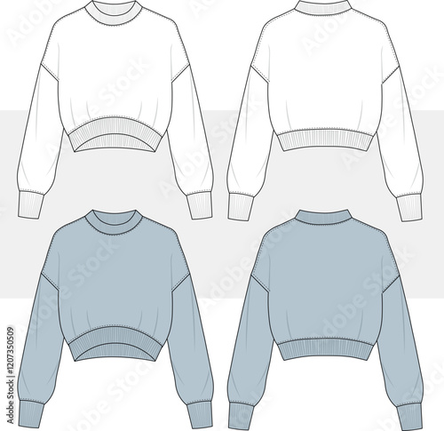 Unisex sweatshirt draw crew neck, sleeve hem and collar band camisole basic sweatshirt flat illustration, women's men's jersey top vector, mockup, CAD