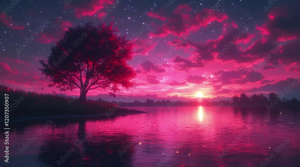 Serene sunset over a tranquil lake, with vibrant pink clouds and a silhouetted tree. Seamless looping 4k video  background 