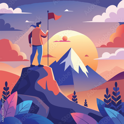 Man on the top of a mountain plants a flag and watches a beautiful sunset in the mountains. Mountain tourism and travel concept. vector illustration
