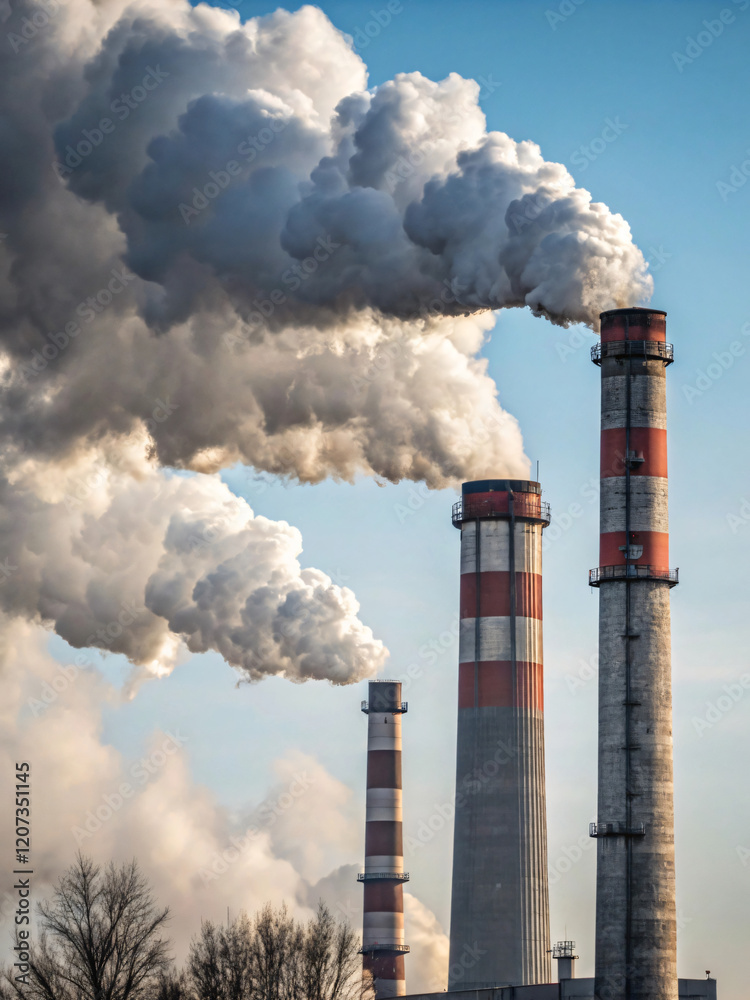 Industrial Smoke Stacks Releasing Thick Clouds of Polluted Air