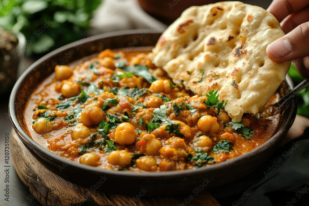 Delicious chickpea curry with naan bread, a flavorful and aromatic Indian dish. Delicious chickpea curry with naan bread, a flavorful and aromatic Indian dish.