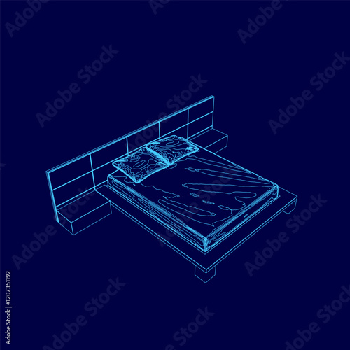 Bed with pillows and a blue background. The bed is shown in a stylized way, with the pillows and bedspread arranged in a way that makes it look like a drawing