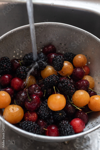 Fresh berries washed in colander, an overhead shot photo