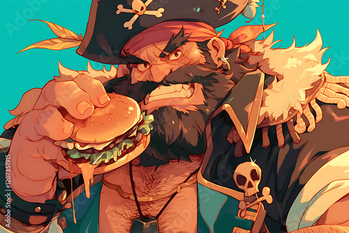 A fierce pirate holding a juicy burger, showcasing a vibrant ocean background with playful waves photo