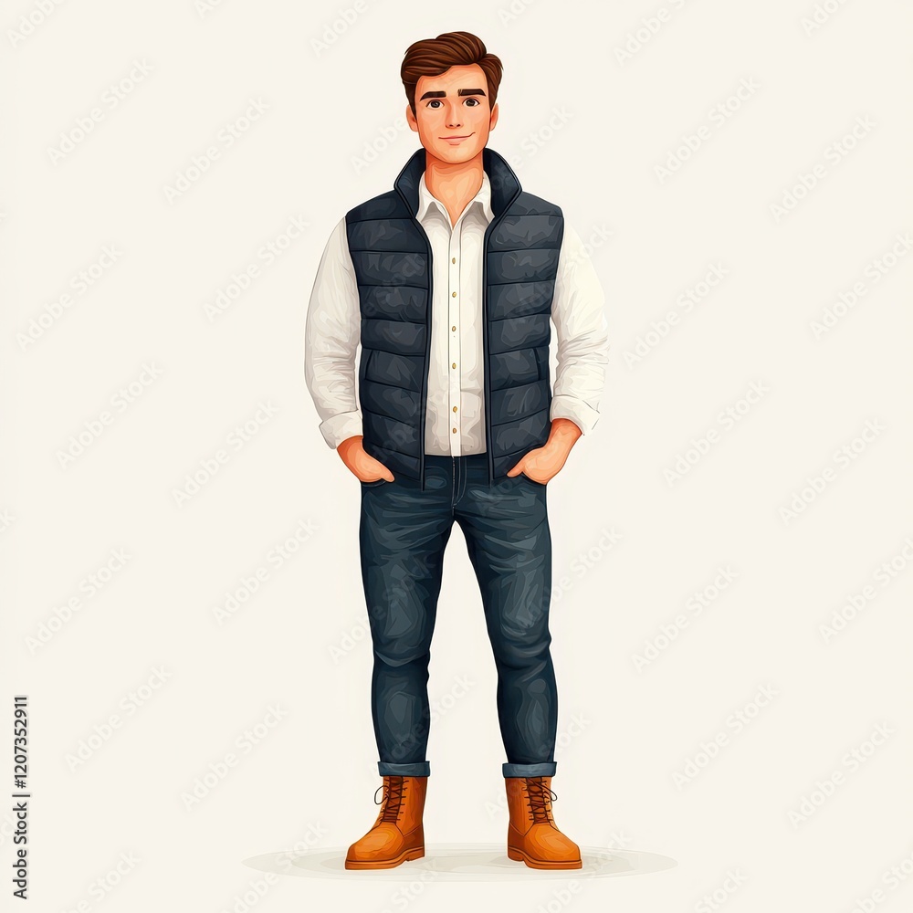 Stylish Young Man in Puffer Vest Jeans and Boots Casual Autumn Fashion Stylish Young Man in Puffer Vest Jeans and Boots Casual Autumn Fashion