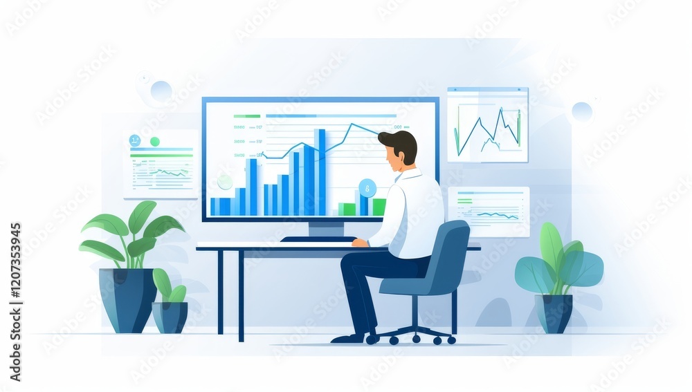 Businessman Analyzing Financial Data on a Large Computer Screen Businessman Analyzing Financial Data on a Large Computer Screen