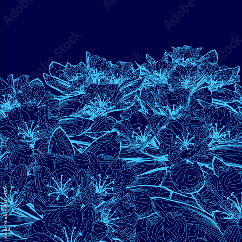 Blue flower arrangement with a blue background. The flowers are arranged in a way that they look like they are growing out of the blue background. Scene is serene and calming