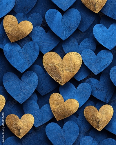A vibrant background featuring blue and gold hearts, creating a striking visual contrast that symbolizes love and affection.