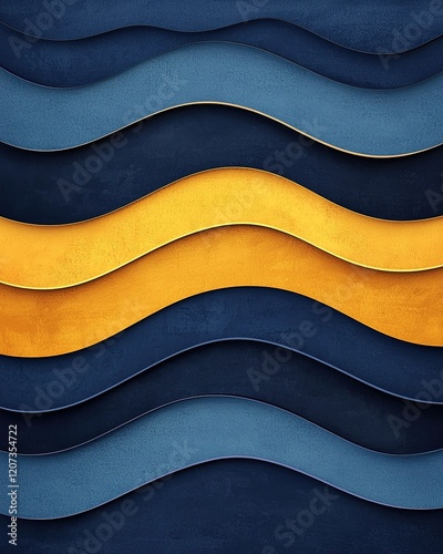 Abstract design featuring layered waves in varying shades of blue and a striking yellow, creating a visually dynamic texture. photo