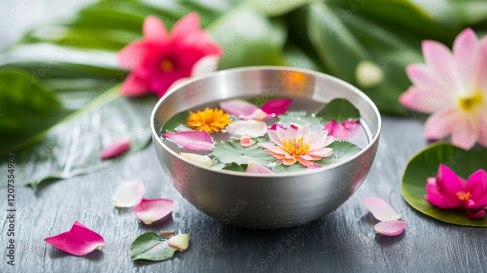 Serene Relaxation Scene with Flower Petals Floating in a Bowl of Water Surrounded by Lush Green Leaves and Colorful Blossoms for Wellness and Spa Themes Serene Relaxation Scene with Flower Petals Floating in a Bowl of Water Surrounded by Lush Green Leaves and Colorful Blossoms for Wellness and Spa Themes