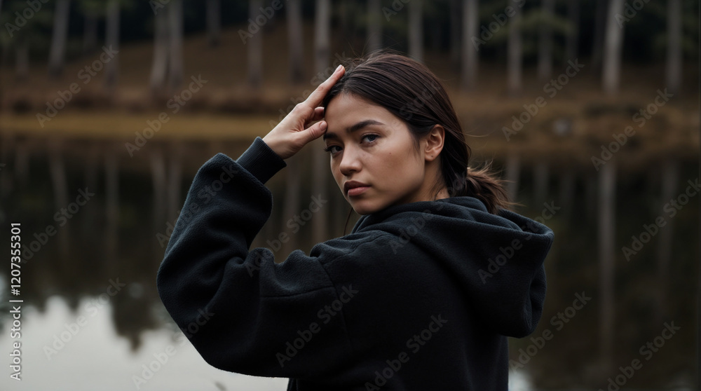Fototapeta premium Woman in black hoodie looking back over a lake. Serene autumnal scene. Peaceful nature photography.