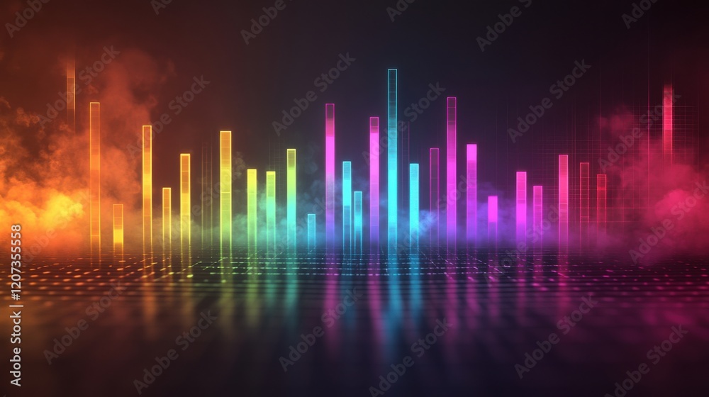 A real-time music visualizer with colorful spectrum analyzer bars dancing to the bass, set against a dark background with glowing effects