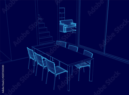 Blue image of a dining room with a table and chairs. The chairs are arranged around the table, and there is a couch in the background. The image has a modern and minimalist feel to it
