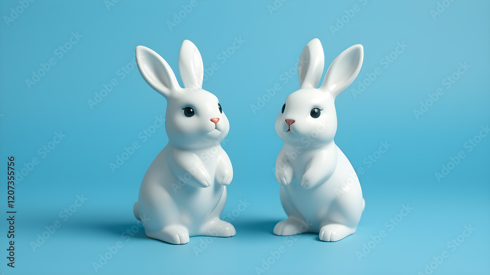 Fototapeta premium 3d illustration of two cute white ceramic rabbit decorations. Animal characters isolated on blue background. Generative AI
