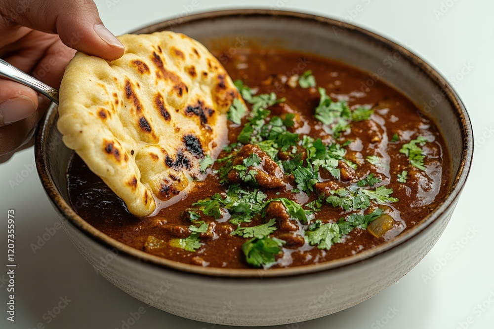 A bowl of delicious Indian curry with naan bread being dipped. A bowl of delicious Indian curry with naan bread being dipped.