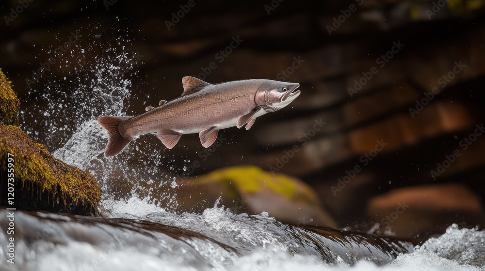 Fototapeta premium Salmon leaping over rocks in a river, splashing water.