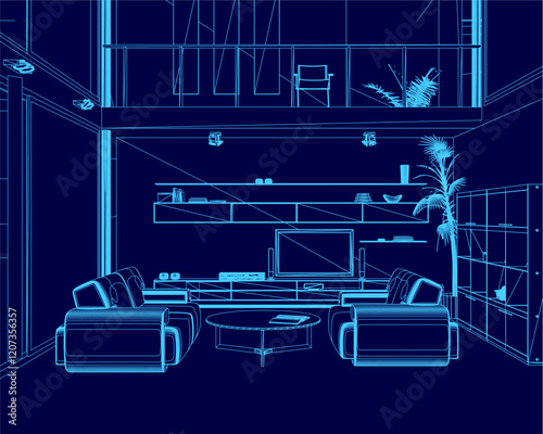 Blue drawing of a living room with a large table and two couches. The room is empty and has a modern, minimalist feel