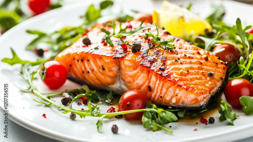 Salmon steak isolated on white background full depth of feild. photo