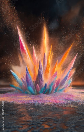 Creative, colorful 3D art of an explosion made from powder on the ground, with vibrant colors and dramatic lighting. 