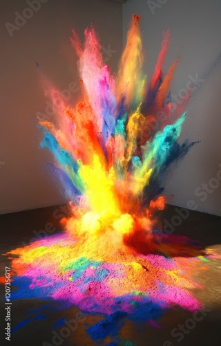 Creative, colorful 3D art of an explosion made from powder on the ground, with vibrant colors and dramatic lighting. 