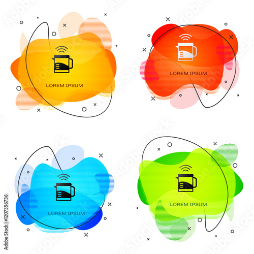 Black Smart electric kettle system icon isolated on white background. Teapot icon. Internet of things concept with wireless connection. Abstract banner with liquid shapes. Vector