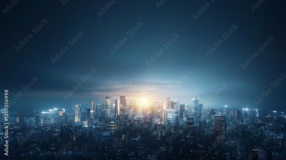 Fototapeta premium Majestic Sunrise Over a Vibrant Urban Skyline with Glimmering Lights and Dramatic Clouds in a Cityscape at Dusk