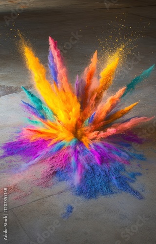 Creative, colorful 3D art of an explosion made from powder on the ground, with vibrant colors and dramatic lighting. 