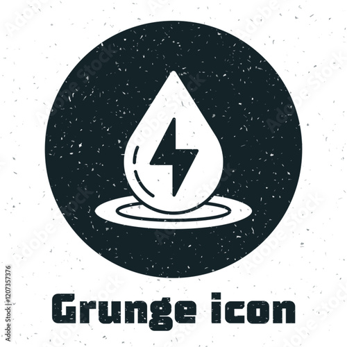 Grunge Water energy icon isolated on white background. Ecology concept with water droplet. Alternative energy concept. Monochrome vintage drawing. Vector