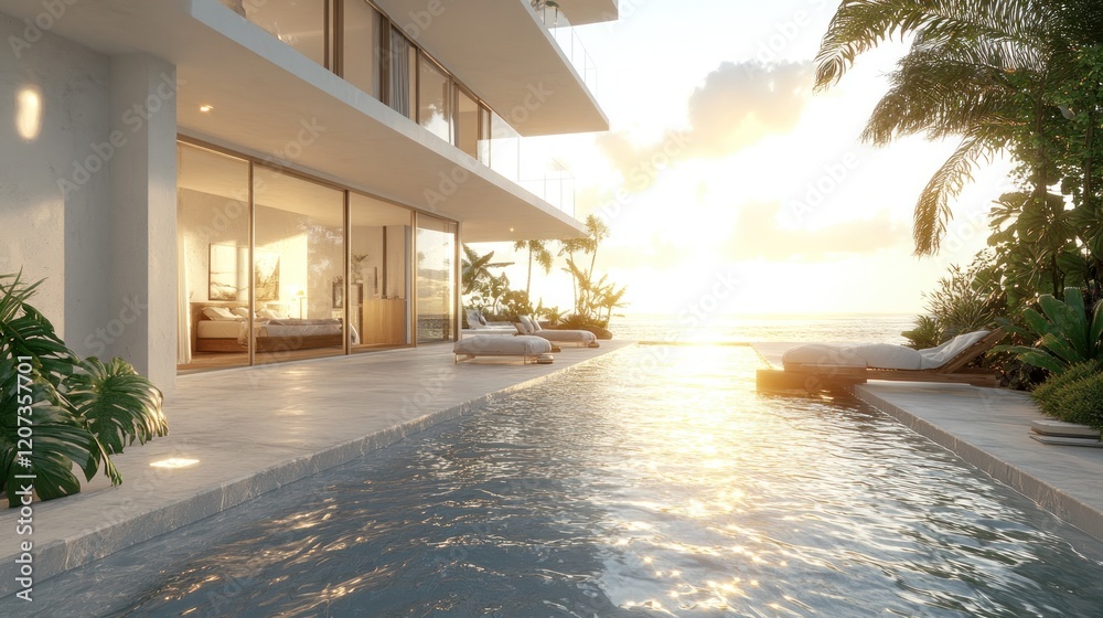Fototapeta premium Luxury beachfront condo with infinity pool at sunset.