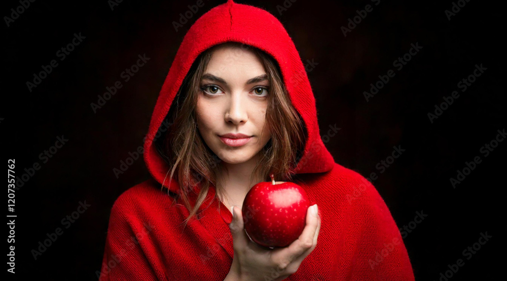 Red Hooded Woman Holding Apple Fairytale Red Hooded Woman Holding Apple Fairytale