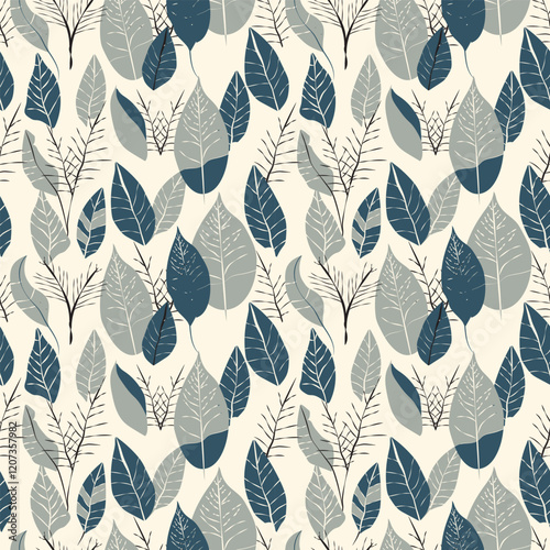 ชื่อผลงาน: Vector illustration of leaf seamless pattern, minimalist style, earth tones of dark blue, cream and beige for natural, warm, modern designs, wallpaper, fabric, prints, decorations.