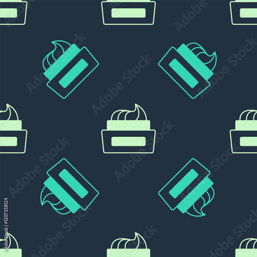 Green and beige Bottle of nail polish icon isolated seamless pattern on blue background. Vector