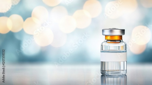 A close-up view of a clear glass vial containing liquid medicine, set against a soft bokeh background with warm golden and cool blue tones, highlighting pharmaceutical themes.